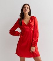 New Look Red Jacquard Satin Ruffle V Neck Mini Dress